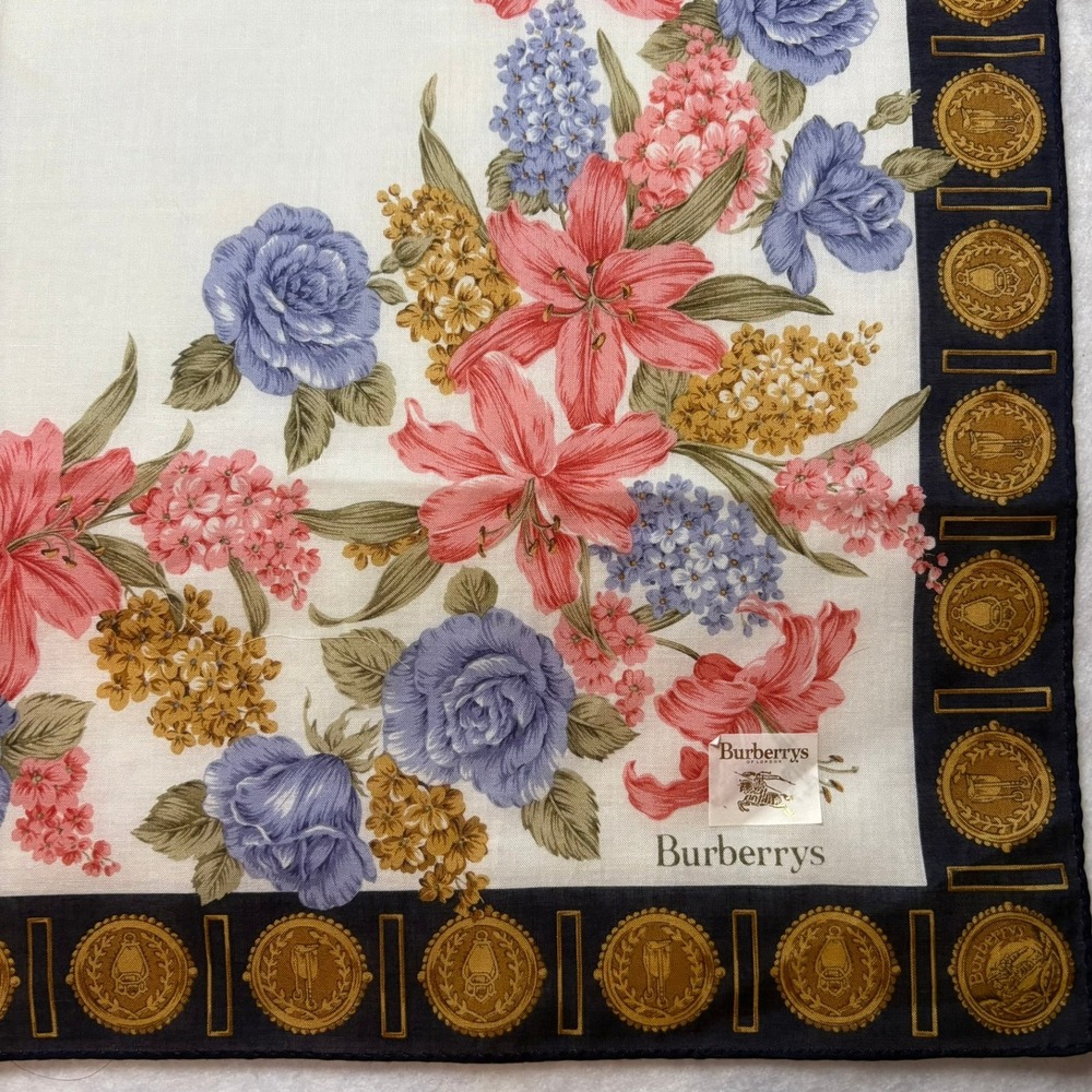 VTG BURBERRYS Scarf Handkerchief Floral Medallion Cotton Navy Pink 19.5" - Picture 2 of 6